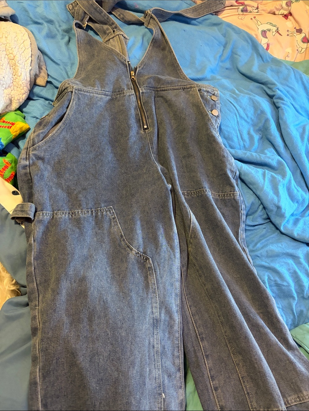 Denim Wide-Leg Jumpsuit Overalls - Blue